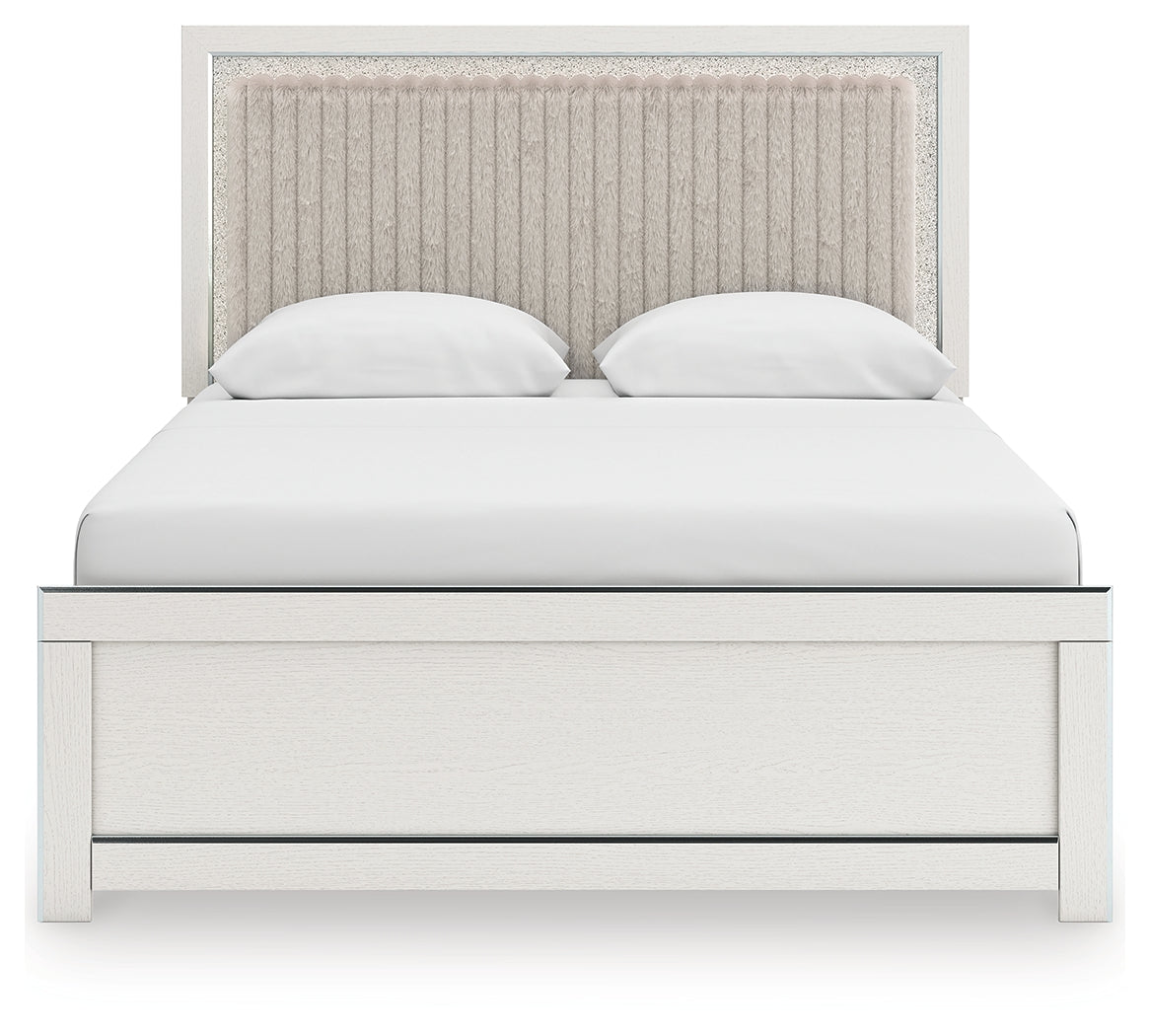 Zuraleus /White Queen Upholstered Panel Platform Bed, Dresser and Mirror, Brown