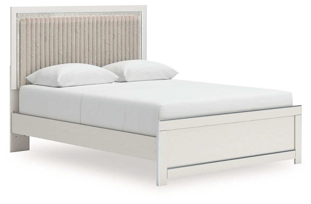 Zuraleus /White Queen Upholstered Panel Platform Bed, Dresser and Mirror, Brown
