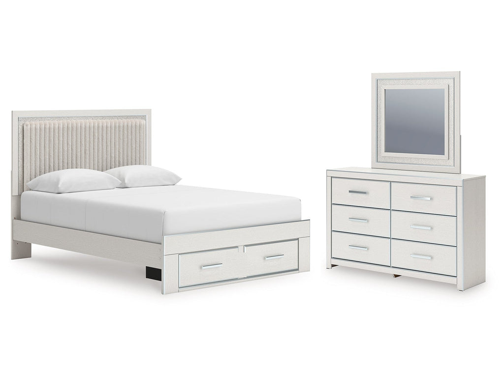 Zuraleus /White Queen Upholstered Panel Platform Storage Bed, Dresser and Mirror, Brown