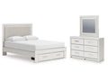 Zuraleus /White Queen Upholstered Panel Platform Storage Bed, Dresser and Mirror, Brown