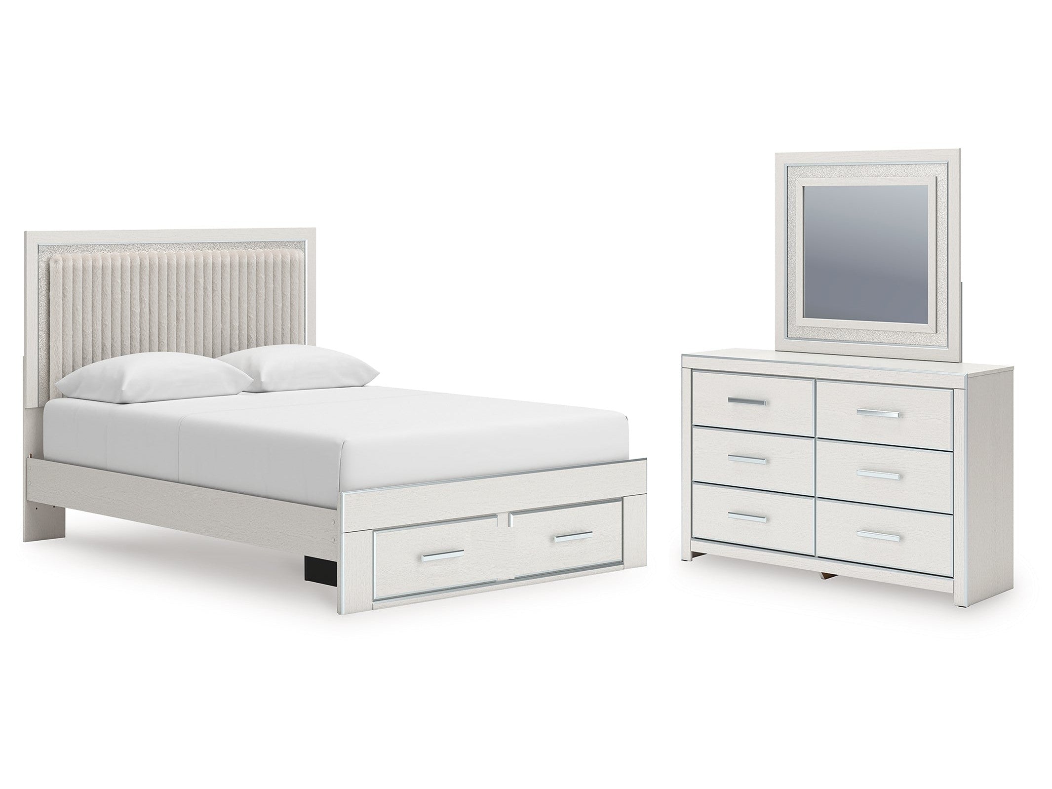 Zuraleus /White Queen Upholstered Panel Platform Storage Bed, Dresser and Mirror, Brown