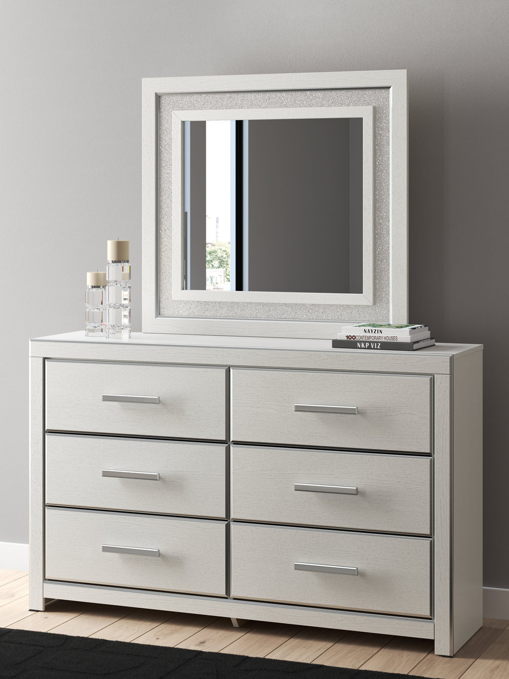 Zuraleus /White Queen Upholstered Panel Platform Storage Bed, Dresser and Mirror, Brown