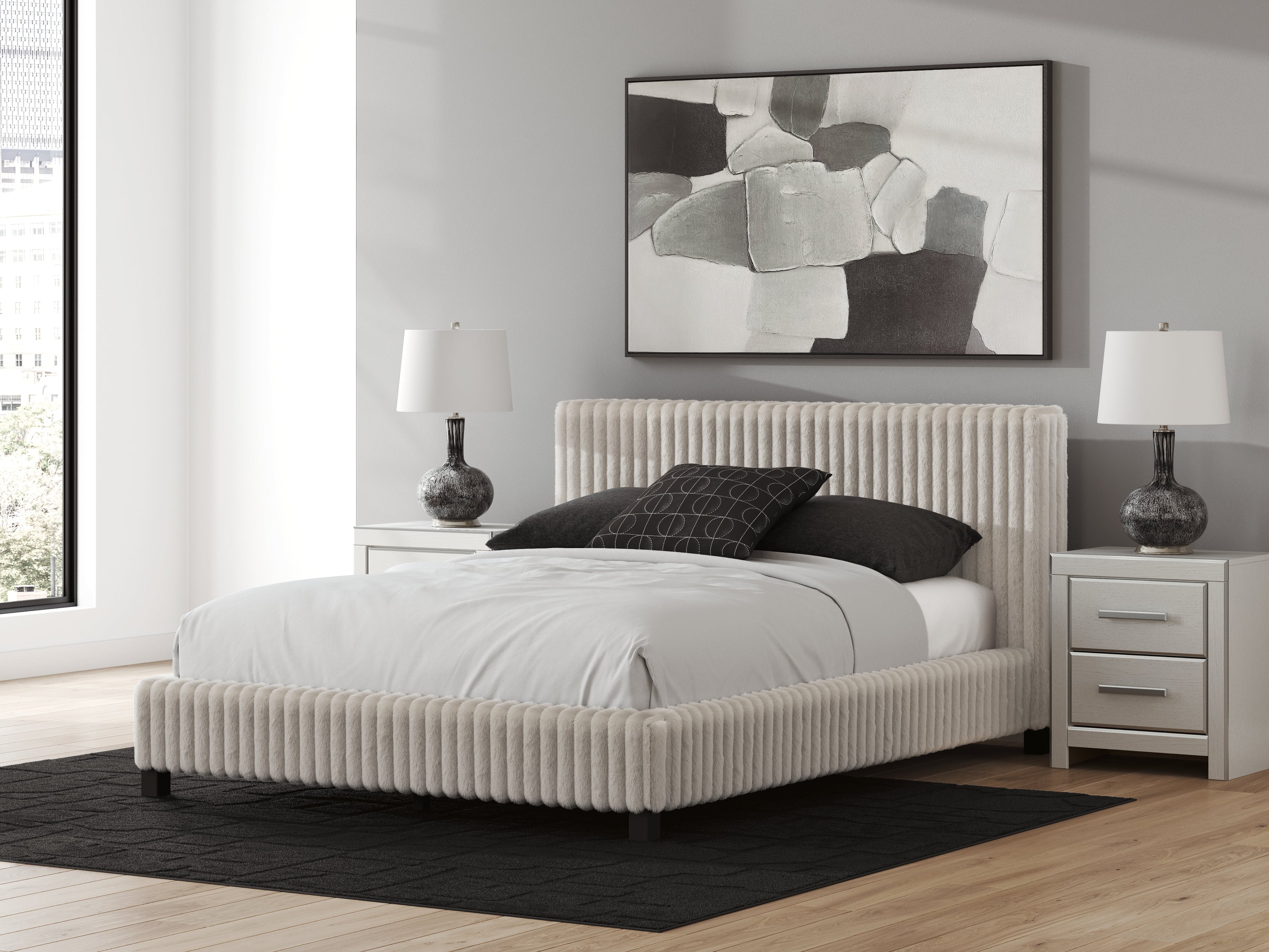 Zuraleus White/Gray Queen Upholstered Bed, Dresser and Mirror