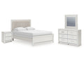 Zuraleus Queen Upholstered Panel Bed, Dresser, Mirror and Nightstand, White