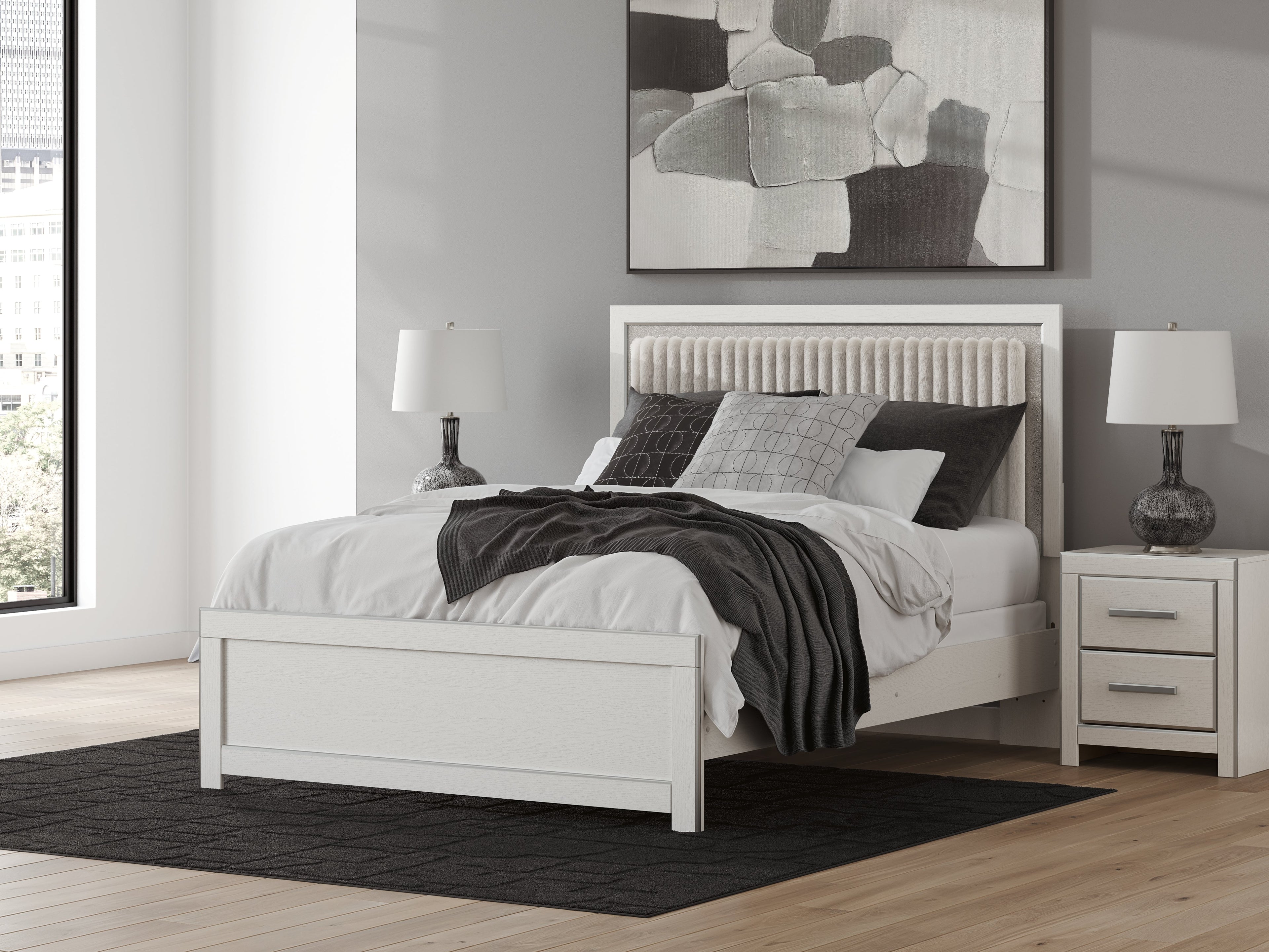 Zuraleus Queen Upholstered Panel Bed, Dresser, Mirror and Nightstand, White