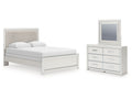 Zuraleus White Queen Upholstered Panel Bed, Dresser and Mirror