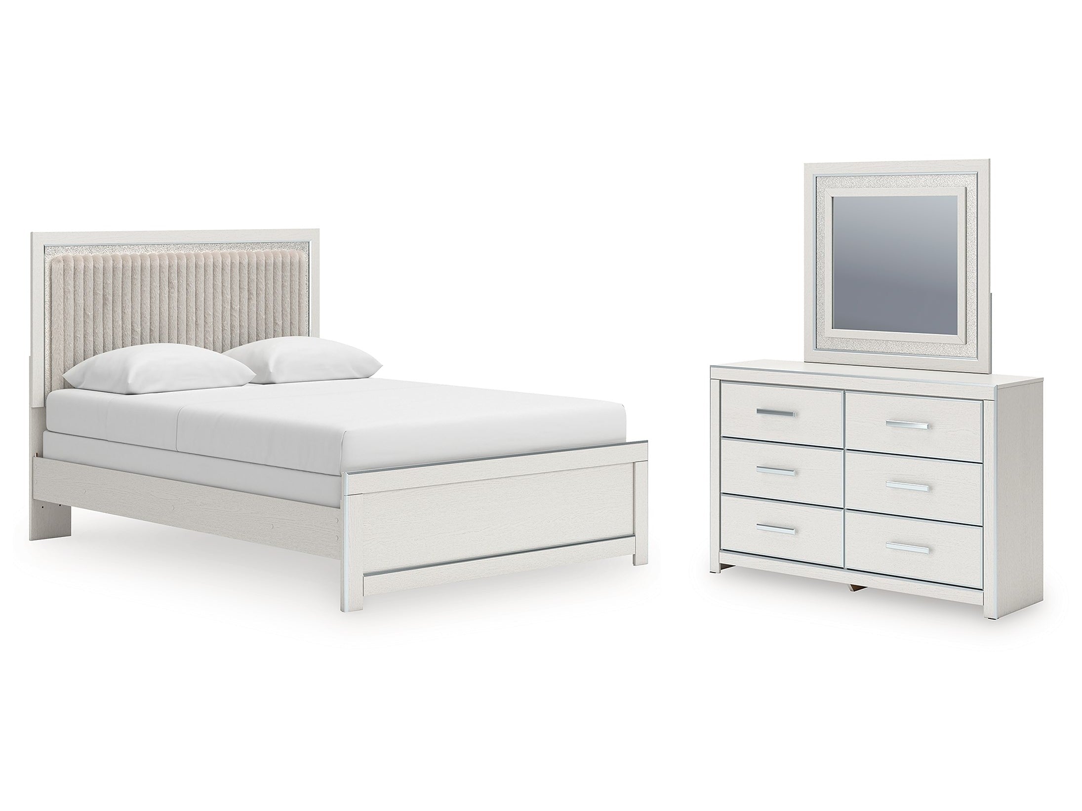 Zuraleus White Queen Upholstered Panel Bed, Dresser and Mirror