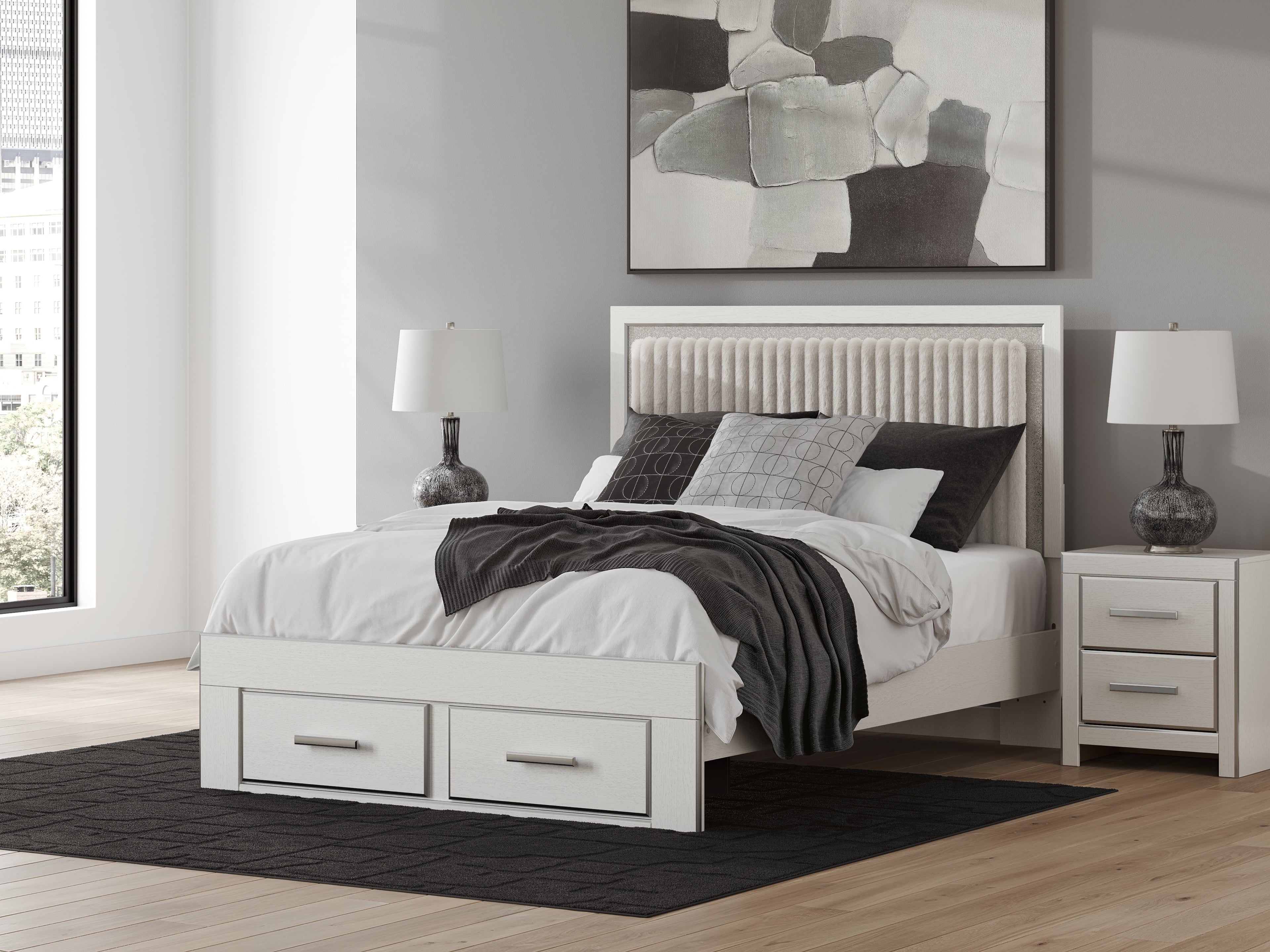 Zuraleus White Queen Upholstered Panel Platform Storage Bed
